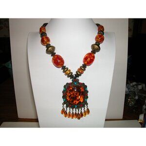 Vintage Amber Beaded Necklace With Ornate Pendant & Dangle Drops
